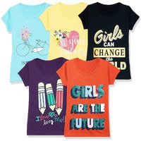 T2F Girl's Cotton Printed Regular T-Shirt(Pack Of 5)