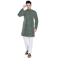 Divisive Men's Khaddi Printed Cotton Blend Slim Fit Kurta Pyjama Set (Dkrt97_S_Bottle Green)