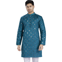 Divisive Men's Mirror Embroidered Silk Blend Only Slim Fit Kurta (Dkrt1486_L_Turquoise)