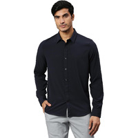 Thomas Scott Mens | Full Sleeve | Solid Plain Color | Slim Fit | Polyester Blend | Spread Collar | Casual | Shirts (Navy_L)