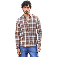 Thomas Scott Men 100% Cotton Slim Fit Checked Spread Collar Long Sleeves Casual Shirt (Brown,Xl)