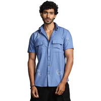 Thomas Scott Short Sleeve Double Pockets Self Printed Casual Shirts For Mens Blue