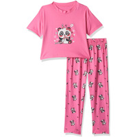 T2F Girls Cotton Printed Oversized Fit Crop Top And Pant Pajama Set Pink