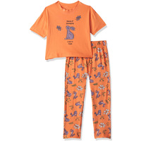 T2F Girls Cotton Printed Oversized Fit Crop Top And Pant Pajama Set