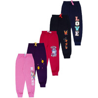 T2F Girl's Regular Fit Cotton Printed Ribbed Track Pants (Pack Of 5)