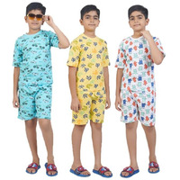 T2F Boys Cotton Printed Dropshoulder Tshirt And Shorts Set (Pack Of 3)