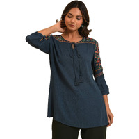 W For Woman Blue Thread Embroidered Western Top (Size: Xs)-23Few31383-219911