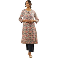 Folksong By W Women Off White Floral Print Viscose Straight Kurta_24Maf11700-910965_S