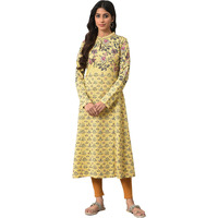 W For Woman Yellow A-Line Placement Print Winter Kurta (Size: L)-24Now18622-119378P