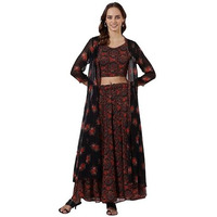 W Black Floral Printed Flared Gillet, Crop Top & Flared Pant For Women (Size: L)-24Auws12582-124629A