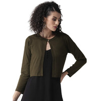 Style Quotient Olive Green Solid Crop Button Shrug-Xl-Forest Green