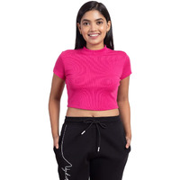 Nykd Stylish Crop Top For Women Casual High Neck, Half Sleeves, Ribbed Fabric - T-Shirts & Tanks, Nyoe07, Fuchsia Rose, L, 1N