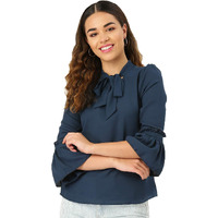 Style Quotient Women Solid Navy Polymoss Regular Smart Casual Top