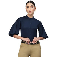 Style Quotient Women Solid Navy Polymoss Regular Formal Shirt