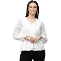 Style Quotient Women White Self Design Lace Regular Smart Casual Peplum Tops