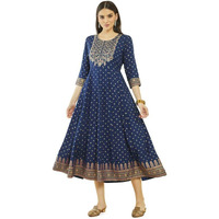 Soch Womens Blue Rayon Floral Embroidered Dress Kurta With Waist Tie-Up