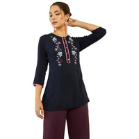 Soch Womens Navy Blue Crepe Floral Threadwork Embroidered Round-Neck Tunic