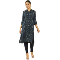 Soch Womens Navy Blue Rayon Ikat Print Straight Kurta With Pocket