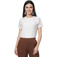 Style Quotient Women White Self Design Cotton Lace Regular Smart Casual Top