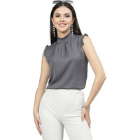 Style Quotient Women Solid Grey Polycrepe Smart Casual Top