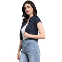 Style Quotient Women Navy Blue Denim Open Front Regular Shrug