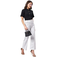 Style Quotient Women Smart Black Spread Collar Short Sleeve Shirt