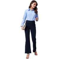 Style Quotient Women Solid Navy Self Design Polyester Formal Trouser