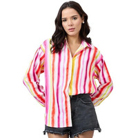 Style Quotient Women Pink And Multi Stripe Printed Polyester Relaxed Fit Smart Casual Shirt