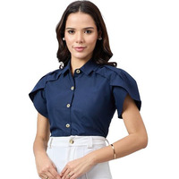 Style Quotient Women Solid Navy Polycotton Regular Fit Formal Tulip Sleeve Shirt