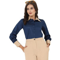 Style Quotient Women Navy And Champagne Colorblock Satin Regular Fit Semi Formal Shirt