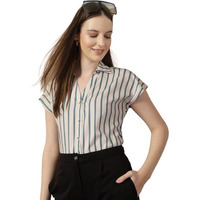 Style Quotient Women Beige And Teal Polycrepe Regular Fit Formal Shirt