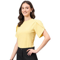 Style Quotient Women Solid Light Yellow Poly Knit Smart Casual Regular Tulip Sleeve Top