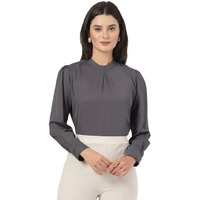 Style Quotient Women Solid Grey Polymoss Regular Pleated Top