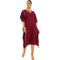 Soch Women Maroon Rayon Slub Floral Embroidered Kaftan With Crochet Lace And Tassels