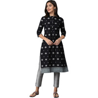 W Black Cotton Floral Printed Regular Kurta For Women