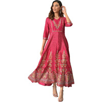 W For Woman Women's Viscose Dark Pink Floral Print Kalidar Dress Ankle Length 22Auw18130-119216_Fuschia