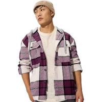 The Souled Store Plaid Hooded Shacket: Mauve Mist Men And Boys Long Sleeves Hooded Neck Button Front Cotton Oversized Shackets