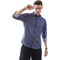 The Indian Garage Co Men Blue Striped Slim Fit Cotton Casual Shirt