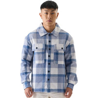 The Souled Store Plaids: Skyline Blue Men Flannel Shackets Shackets Casual Plaid Oversized Quilted Winter Flannel Sherpa-Lined Stylish Fashion Trendy Classic Checkered Cozy Button-Up Utility