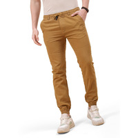 The Indian Garage Co Men Slim Fit Solid Mid Rise Biker Joggers Khaki, 28