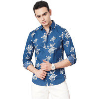 The Indian Garage Co Blue Regular Fit Spread Collar Tropical Long Sleeves Shirt