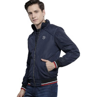 The Indian Garage Co Men Blue Slim Fit Solid Bomber Jacket