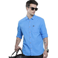 The Indian Garage Co Men Blue Solid Slim Fit Linen Casual Shirt