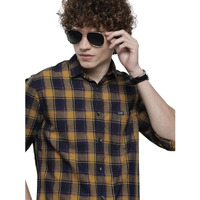 The Indian Garage Co Men's Checkered Slim Fit Shirt (1121-Sh125-15_Navy Mustard S)