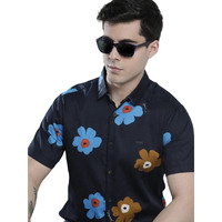 The Indian Garage Co Mens Navy Cotton Slim Fit Short Sleeve Tropical Shirt