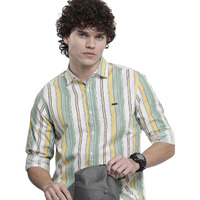 The Indian Garage Co Men Green & Yeelow Cotton Slim Fit Striped Casual Shirt