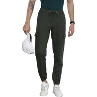 The Indian Garage Co Men Slim Fit Solid Mid-Rise Cuffed Cargos Jungle Green