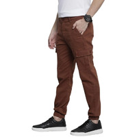 The Indian Garage Co Men Slim Fit Solid Mid-Rise Stretchable Cuffed Cargos Rustic Brown