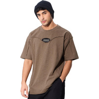 The Souled Store Originals : Textured Mocha Oversized T-Shirt For Men Boys Cotton Casual Half Sleeves Baggy Loose Fit Drop Shoulder Round Neck