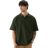 The Souled Store Solids: Dark Olive Green Men And Boys Short Sleeves Collared Neck Textured Cotton Blend Oversized Polos